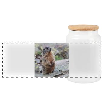 Murmeltier auf Wache 2 - Alpen Wildlife Motiv - Panorama Keksdose mit Holzdeckel - Weiß - Vorne