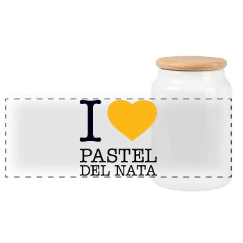 I LOVE PASTEL DEL NATA Portugal Cake - Panoramic Cookie Jar with Wooden Lid - white - Front