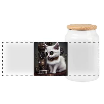 Little steampunk cat - Panoramic Cookie Jar with Wooden Lid - white - Front