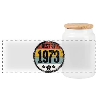 Best of 1973 Vintage Badge - Panoramic Cookie Jar with Wooden Lid - white - Front