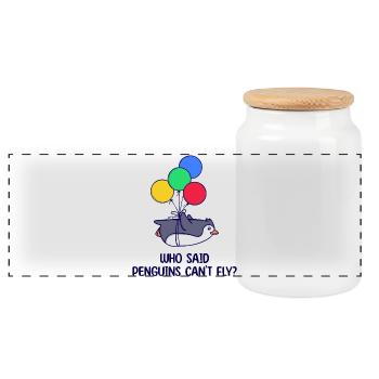 Animal Penguin Humorous Statement Balloon Bird - Panoramic Cookie Jar with Wooden Lid - white - Front
