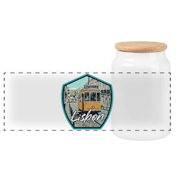Lisbon, beautiful city of Portugal with tram - Panoramic Cookie Jar with Wooden Lid - white - Front