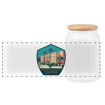 Retro-Illustration, Palais des Festivals in Cannes - Panorama Keksdose mit Holzdeckel - Weiß - Vorne