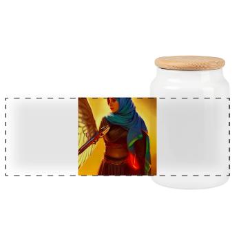 Mutige Schöne Hijab Frau mit Pistole - Panorama Keksdose mit Holzdeckel - Weiß - Vorne