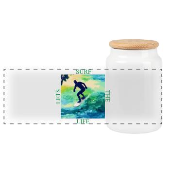 Surfers on color waves - Panoramic Cookie Jar with Wooden Lid - white - Front