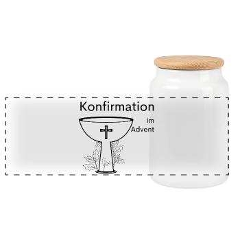 Konfirmation im Advent Abendmahl Stechpalme Symbol - Panorama Keksdose mit Holzdeckel - Weiß - Vorne