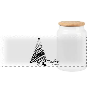 Taufe im Advent Baby krabbelt zum Weihnachtsbaum - Panorama Keksdose mit Holzdeckel - Weiß - Vorne