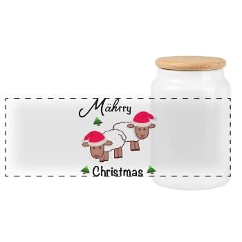 Merry Christmas, MÄHrry Christmas sheep - Panoramic Cookie Jar with Wooden Lid - white - Front