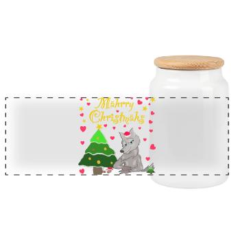 Kultiger Wolf, Weihnachten unterm Tannenbaum - Panorama Keksdose mit Holzdeckel - Weiß - Vorne