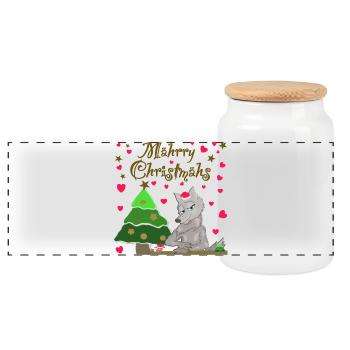 Kultiger Wolf hat Weihnachten Schaf unterm Baum - Panorama Keksdose mit Holzdeckel - Weiß - Vorne