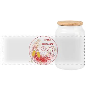 Frohes Neues Jahr Sektgläser Uhr rot gold Ornament - Panorama Keksdose mit Holzdeckel - Weiß - Vorne