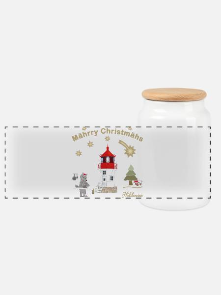 Weihnachtlicher Leuchtturm Gellen auf Hiddensee - Panorama Keksdose mit Holzdeckel - Weiß