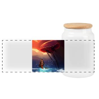 Tolle Qualle mit kleiner Meerjungfrau - Panorama Keksdose mit Holzdeckel - Weiß - Vorne