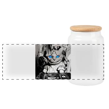 Cats DJ Artwork - Panoramic Cookie Jar with Wooden Lid - white - Front