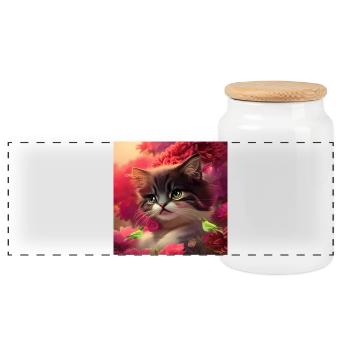 Cute kitten with birds - Panoramic Cookie Jar with Wooden Lid - white - Front