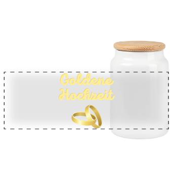 Goldene Hochzeit goldene Eheringe leuchtend Gold - Panorama Keksdose mit Holzdeckel - Weiß - Vorne