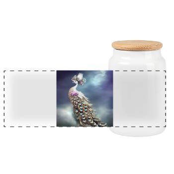 Wonderful elegant peacock - Panoramic Cookie Jar with Wooden Lid - white - Front