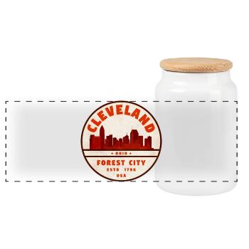 Cleveland Skyline Vintage Badge - Panoramic Cookie Jar with Wooden Lid - white - Front