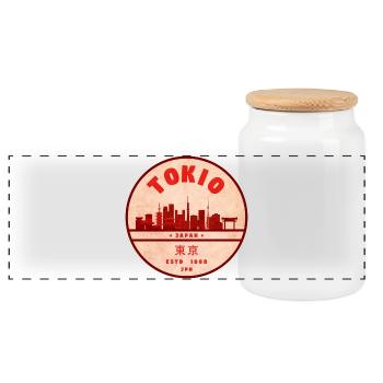 Retro Tokio Skyline Abzeichen - Panorama Keksdose mit Holzdeckel - Weiß - Vorne