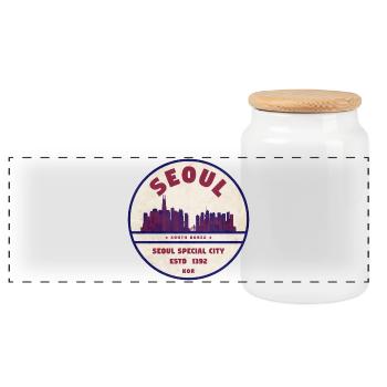 Seoul Skyline Vintage Badge - Panoramic Cookie Jar with Wooden Lid - white - Front