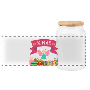 XMAS Engel mit Geschenken - Panorama Keksdose mit Holzdeckel - Weiß - Vorne