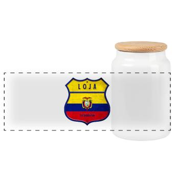 Loja Ecuador coat of arms flag design - Panoramic Cookie Jar with Wooden Lid - white - Front