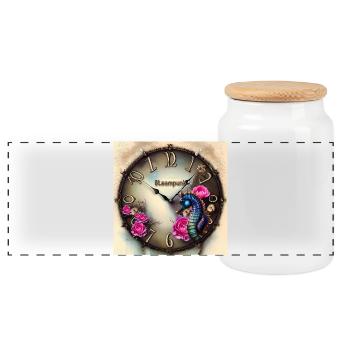 Steampunk watch with flowers and seahorse - Panoramic Cookie Jar with Wooden Lid - white - Front