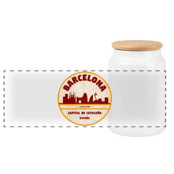 Barcelona Skyline Vintage Emblem - Panoramic Cookie Jar with Wooden Lid - white - Front