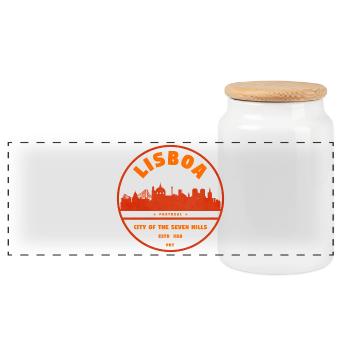 Lisbon Skyline Stamp - Panoramic Cookie Jar with Wooden Lid - white - Front