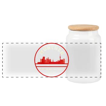 Munich Skyline Stamp Red Badge - Panoramic Cookie Jar with Wooden Lid - white - Front