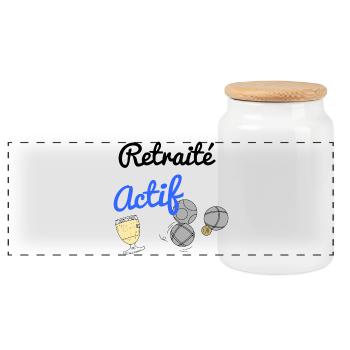 Cadeau humour retraité actif homme ou femme - Boîte à biscuits avec couvercle en bois - blanc - Devant