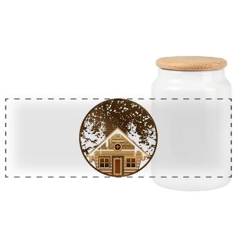 cozy log cabin in the wintry forest - Panoramic Cookie Jar with Wooden Lid - white - Front