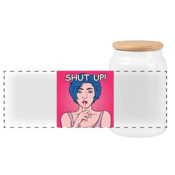 Shut Up Popart Dame mit Blauem Haar - Panorama Keksdose mit Holzdeckel - Weiß - Vorne