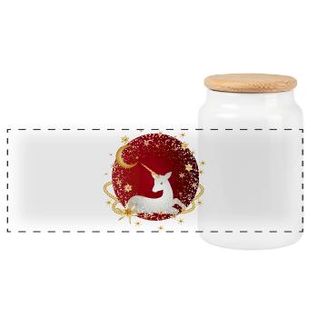 red ball with imaginative unicorn and stars - Panoramic Cookie Jar with Wooden Lid - white - Front