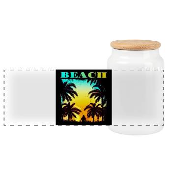 90s Retro Palmen Hawaii Sonnenuntergang - Panorama Keksdose mit Holzdeckel - Weiß - Vorne