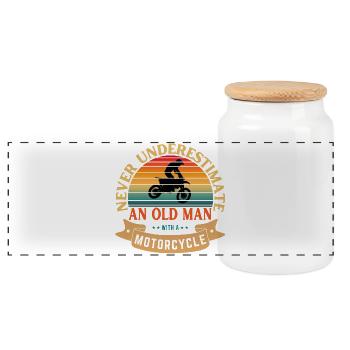 NEVER UNDERESTIMATE AN OLD MAN WITH A MOTORCYCLE - Panoramic Cookie Jar with Wooden Lid - white - Front
