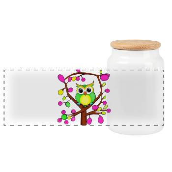 Happy owl in a multicolored tree - Panoramic Cookie Jar with Wooden Lid - white - Front