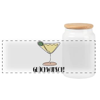 GLÜCKWUNSCH - ANLASS ANSTOßEN - LINE ART ALKOHOL - Panorama Keksdose mit Holzdeckel - Weiß - Vorne