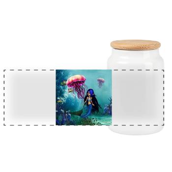 The MAGICAL world of the Little Mermaid and the Jellyfish - Panoramic Cookie Jar with Wooden Lid - white - Front