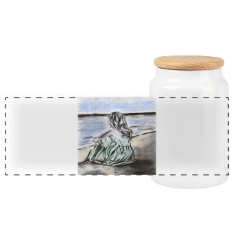 Beach & Hope – Woman in Green Dress, Watercolor - Panoramic Cookie Jar with Wooden Lid - white - Front