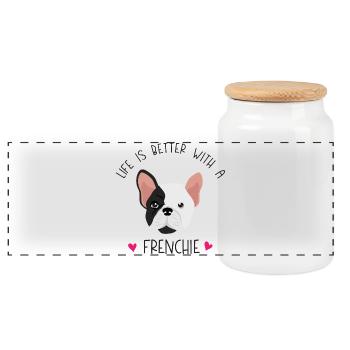 French Bulldog - Life is Better with a Frenchie - Panoramic Cookie Jar with Wooden Lid - white - Front