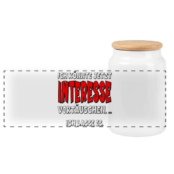 SPRUCH KOMMUNIKATION - INTERESSE VORTÄUSCHEN PARTY - Panorama Keksdose mit Holzdeckel - Weiß - Vorne
