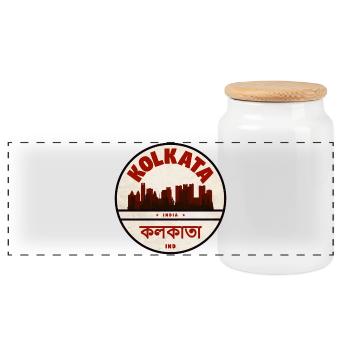 Kolkata Skyline Emblem - Panoramic Cookie Jar with Wooden Lid - white - Front