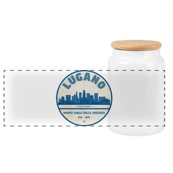 Lugano Skyline Abzeichen Shirt - Panorama Keksdose mit Holzdeckel - Weiß - Vorne