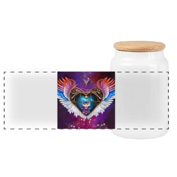 The elegant heart with wings and kitten. - Panoramic Cookie Jar with Wooden Lid - white - Front