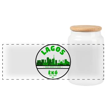 Lagos Skyline Green - Panoramic Cookie Jar with Wooden Lid - white - Front