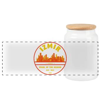 Izmir Skyline Badge – Pearl of the Aegean Sea - Panoramic Cookie Jar with Wooden Lid - white - Front