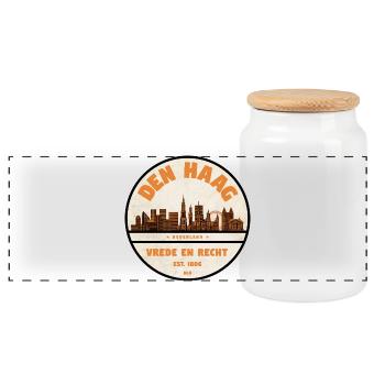 The Hague Skyline Vintage Logo - Panoramic Cookie Jar with Wooden Lid - white - Front