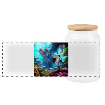 Wonderful mermaid with seahorses - Panoramic Cookie Jar with Wooden Lid - white - Front