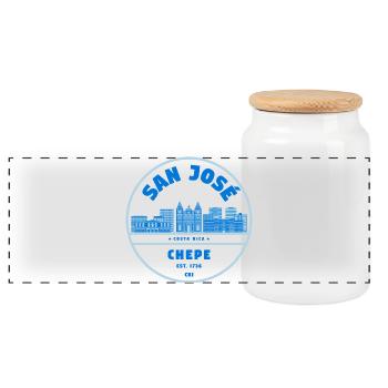 San Jose Costa Rica Chepe Badge - Panoramic Cookie Jar with Wooden Lid - white - Front